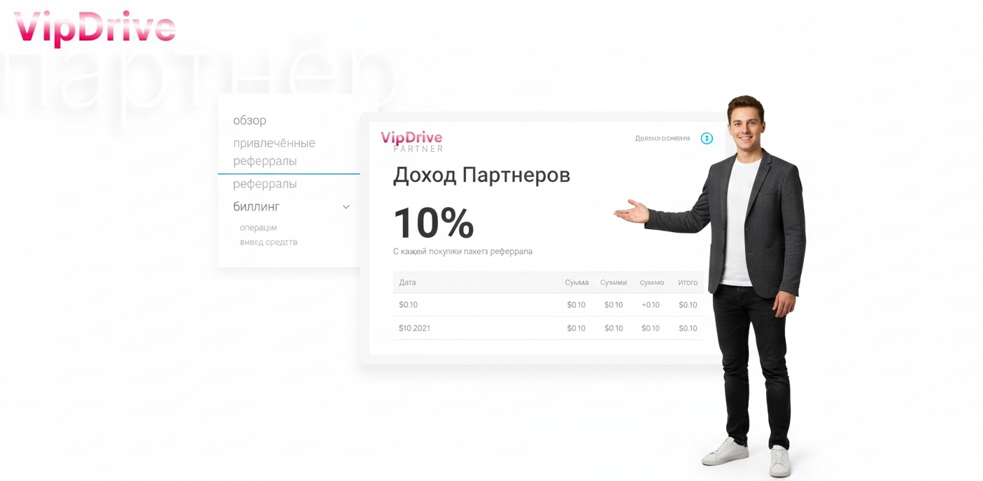Список преимуществ партнёрства с VIPDrive IPTV, включая защиту данных, сервер по всему миру и постоянные обновления базы контента, с изображением женщины в деловом костюме и собакой рядом