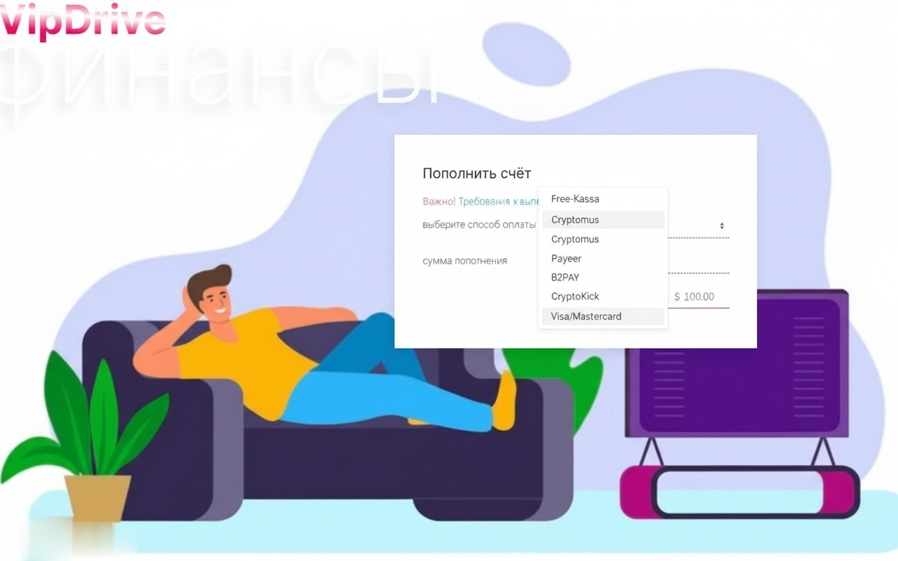 Как работает партнёрская программа VIPDrive IPTV Инфографика, объясняющая, как работает партнёрская программа VIPDrive IPTV, с перечислением преимуществ, таких как привлечение новых клиентов и получение надежного дохода. На изображении изображён мальчик в комбинезоне, стоящий на табурете рядом с телевизором и символами доллара.